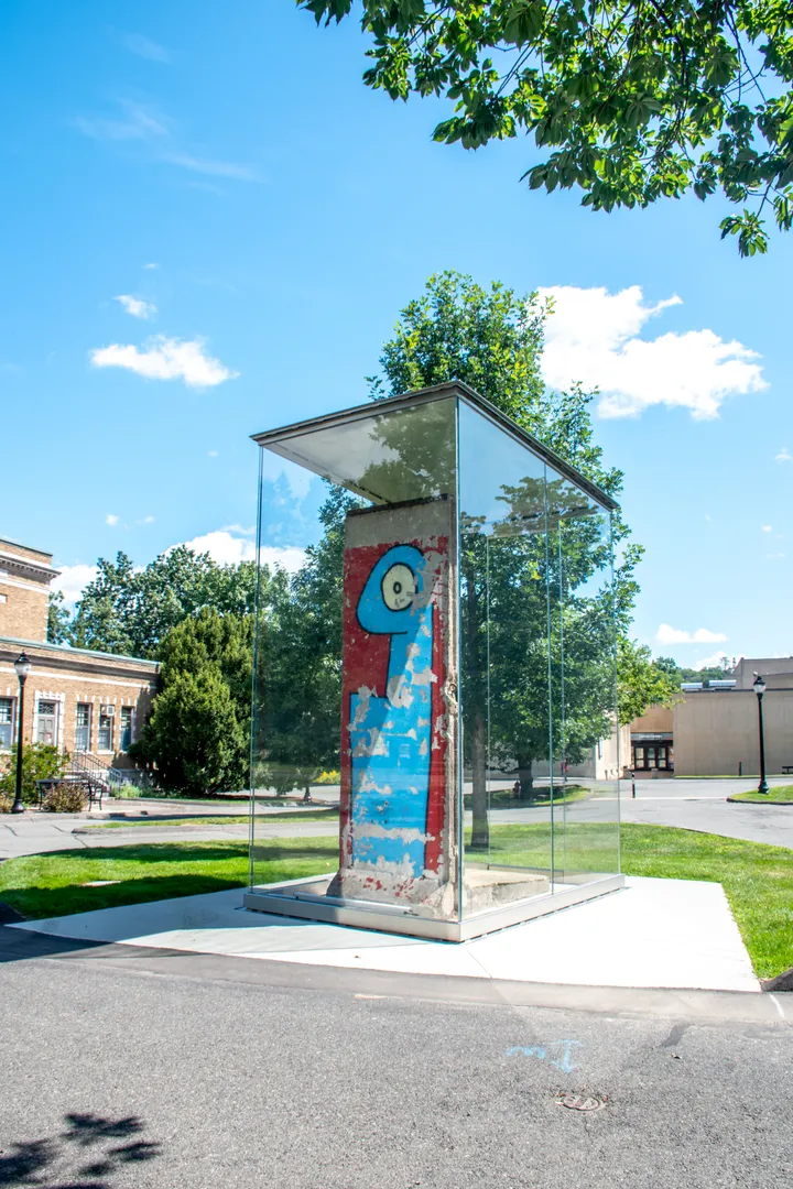 A Berlin Wall segment painted with large cartoon faces, standing in a glass case outdoors.