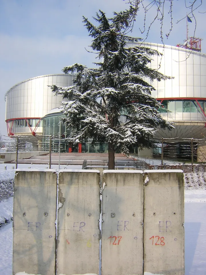 Painted Berlin Wall segments standing on grass in front of a curved modern building.